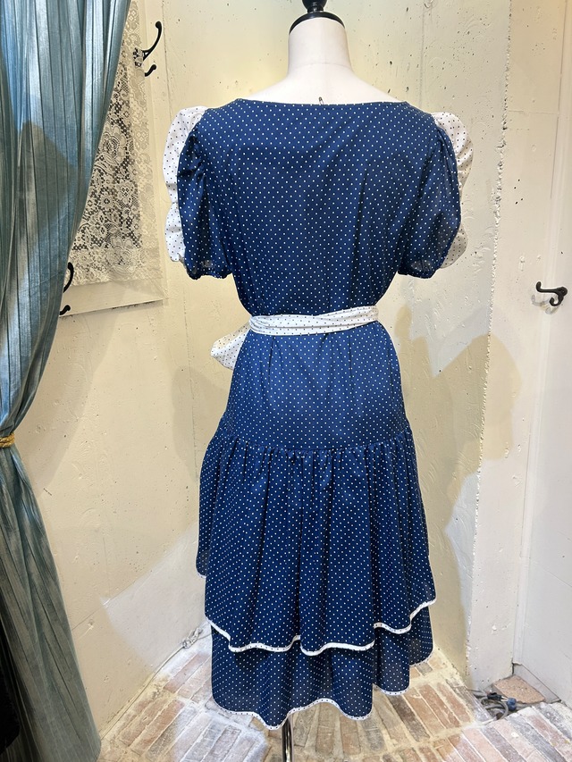 80's navy×white dot dress