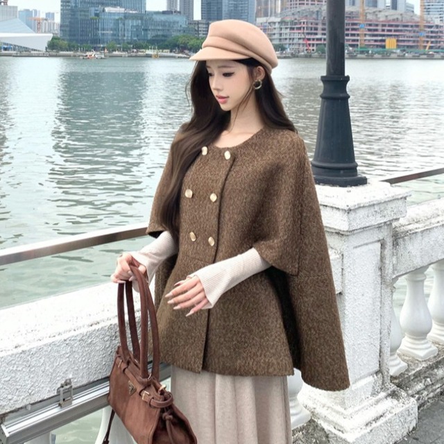 アウター ケープ風ポンチョコート ダブルブレスト レトロ コーヒー色 S M L