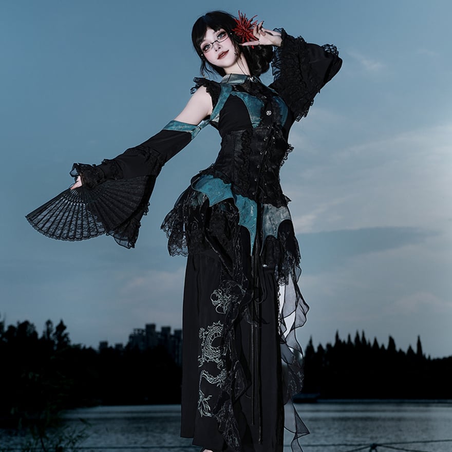 青と白のドラゴン刺繍チャイナドレス ロリータ チャイナ風刺繍ロリータドレスセット opf046 | 可愛い服量産型服