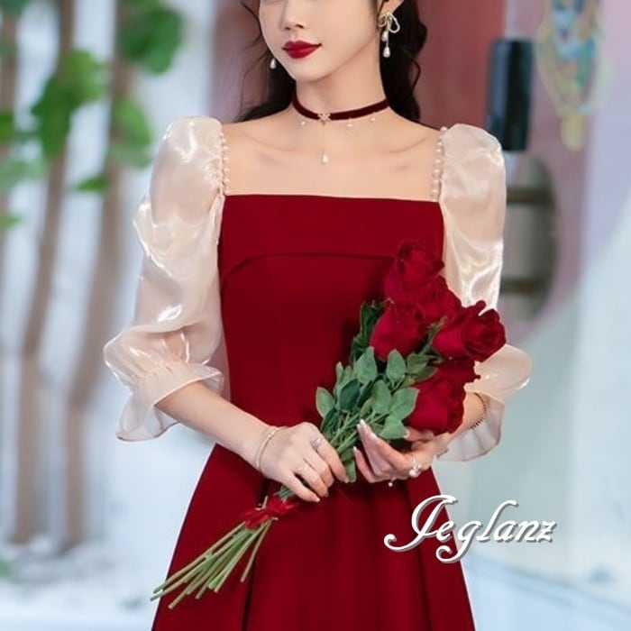 パーティドレス ワンピース 異素材 コンビ パール付き 7分袖(M8142)ζ