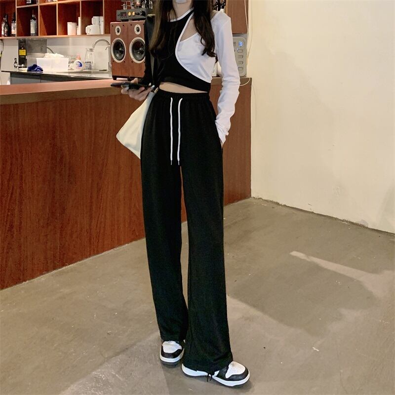 スプリングオータムカジュアルハイウェストウェストスリムパンツ ワイドレッグレディース 春物 秋物 ワイドパンツ ガールズファッション80172422665