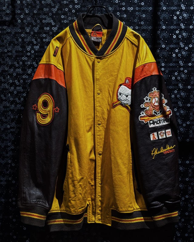 【ÆIEM】AKADEMIKS Stadium Division “Baseball Slugger / No.9” Full Patch Mustard × Brown Multi-Color Genuine Leather Varsity Jacket