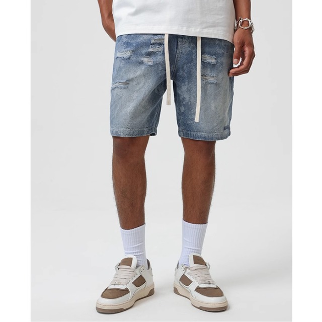 【DRIP2342】BNLS Contrast Color Waist Damaged Denim Shorts