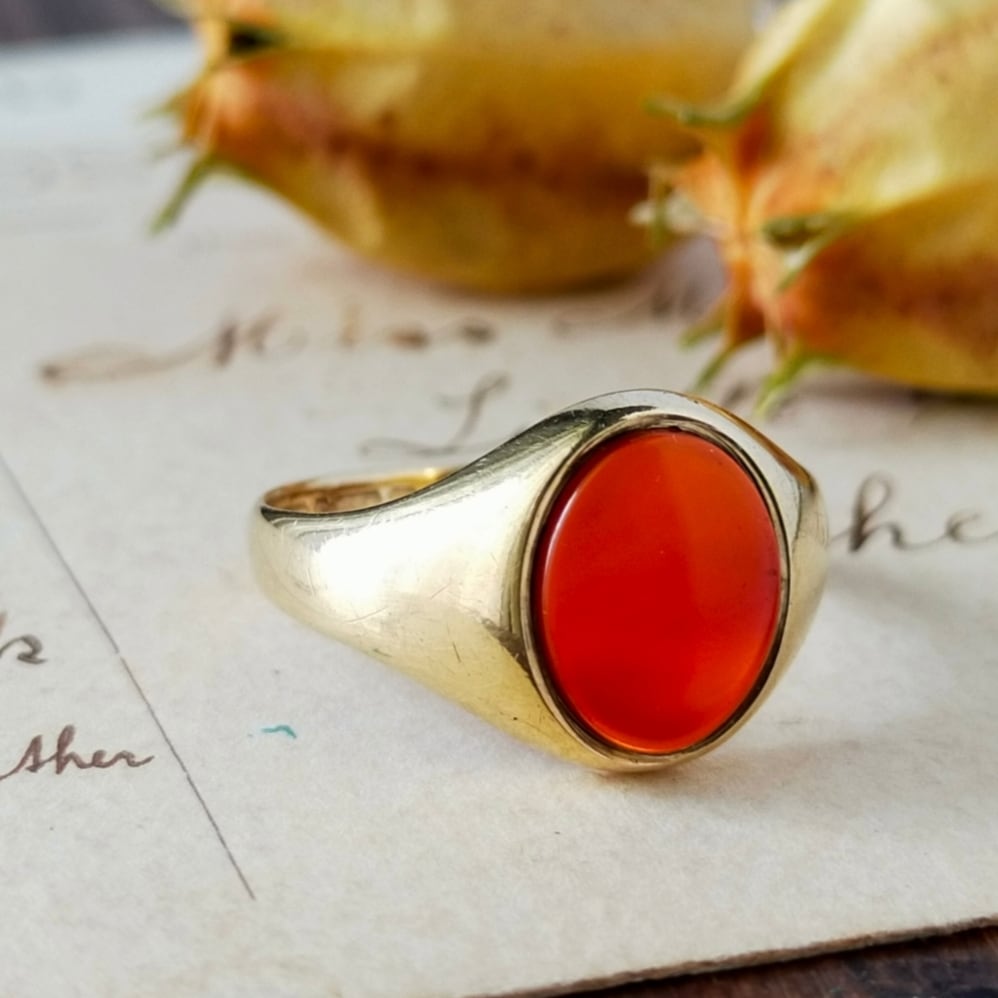英国 1967年 ヴィンテージ 9kゴールド カーネリアン シグネットリング バーミンガム