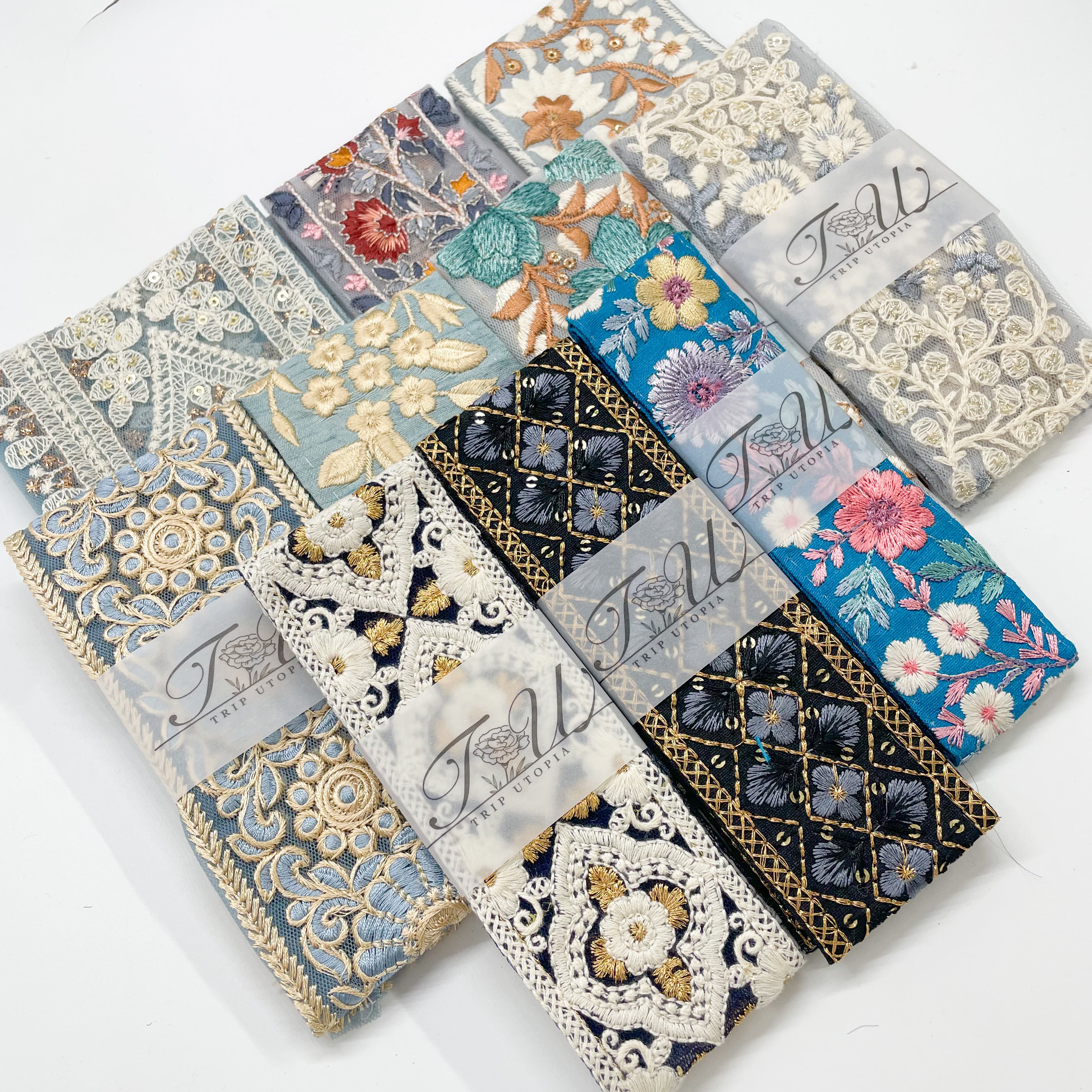 数量限定】ブルー系インド刺繍リボンセット3（50cmカット10本入り