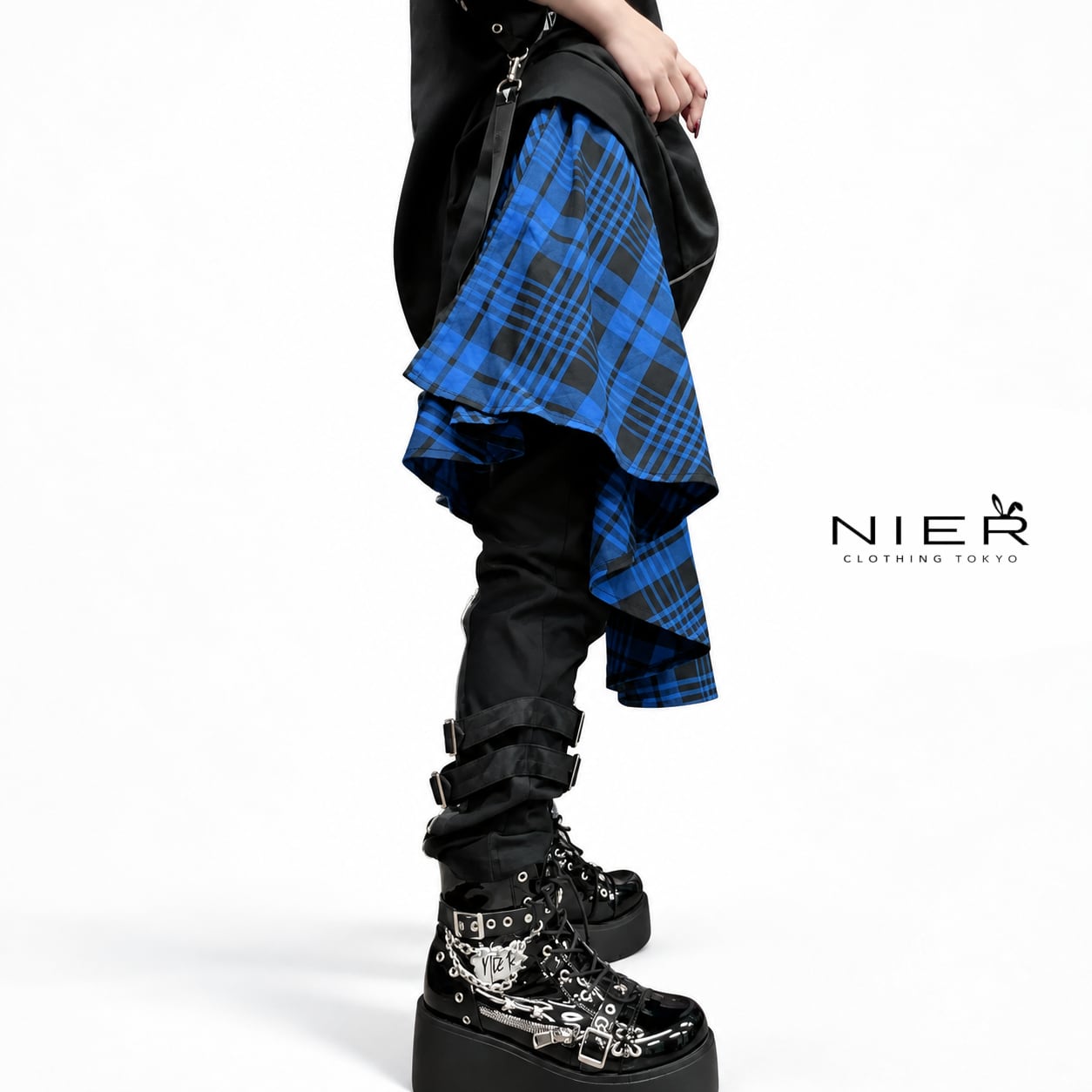 BASEランキング1位記念プレゼント》UNISEX BLUE CHECKERED変型SKIRT