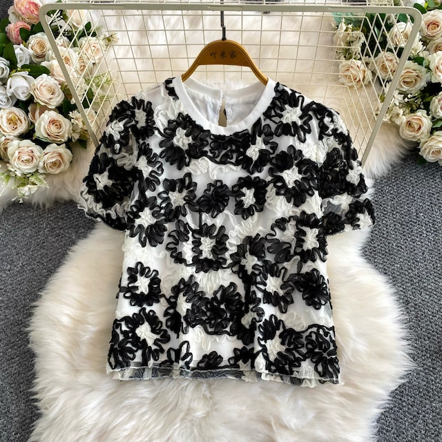 黒 ピンク ブルー 3カラー 刺繍 オーガンジー ケミカルレース 3Dフラワー ブラウス