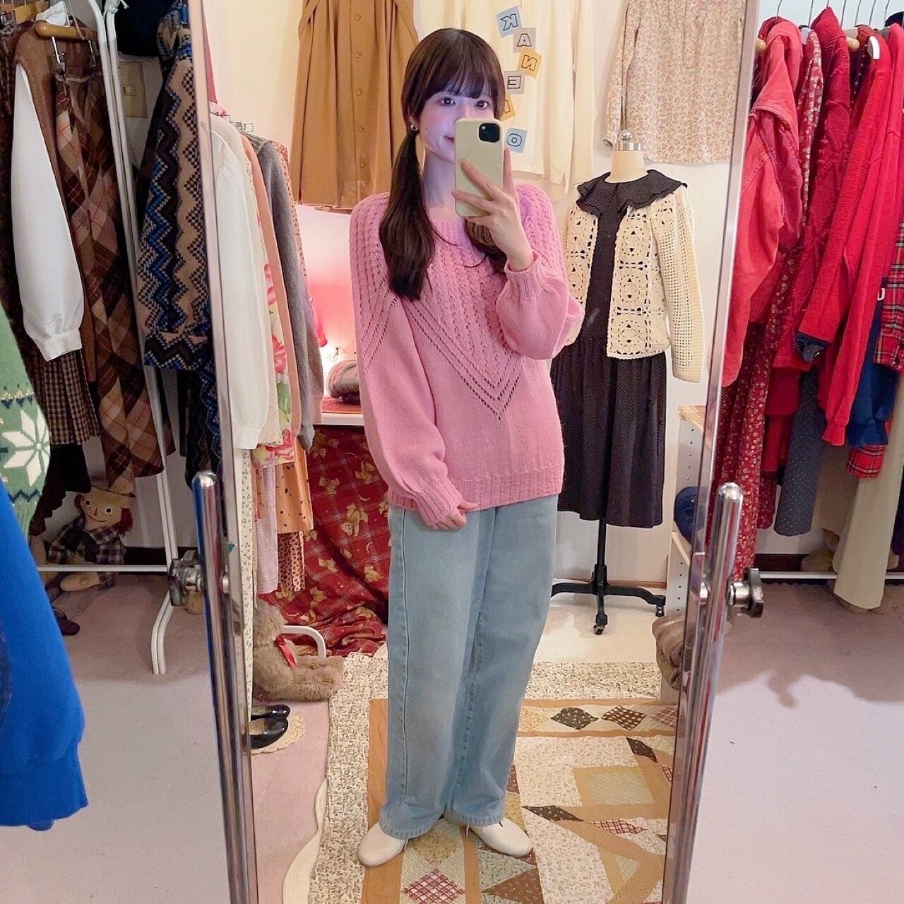 pink openwork knit sweater