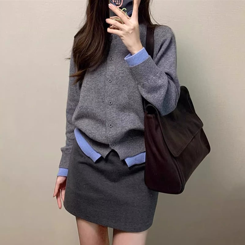 【tops】2色ドッキングニットカーディガン Q6241