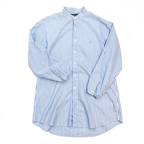 【USED】REMAKE Ralph Lauren ラルフローレン バンドカラーシャツ ブルー × ホワイト 太 ストライプ