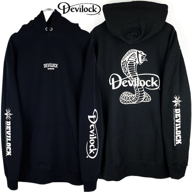 DEVILOCK デビロック「BOTH LOGO COBRA HOODIE」ビッグプルオーバーパーカー オーバーサイズフーディー 裏パイルスウェット 両袖プリント バックプリント 黒 ブラック コブラ 蛇 ヘビ スネーク メンズレディース ハードコア パンクロック PUNKROCK バンド ステージ衣装 Rogia