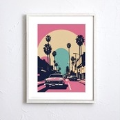 LA Bluebird｜ロサンゼルスのサンセットを描いたレトロビンテージポスター｜西海岸テイストの大人モダンな部屋に合うアートA4ポスター