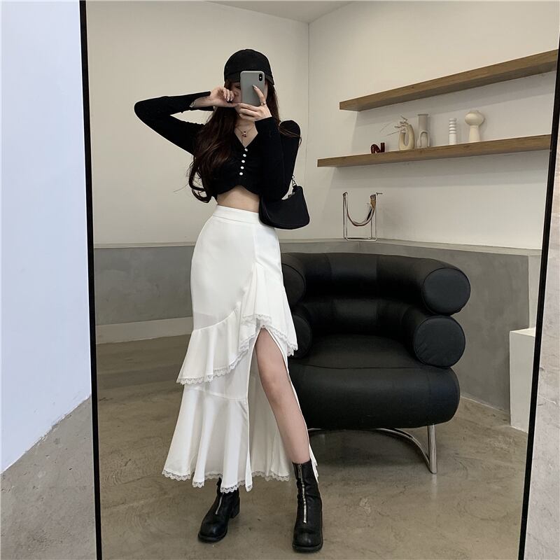 不規則な白いスカートの女性の秋のハイウエストスプリットエンドヒップaラインミッドレングススカート2020新しい気質スカート ブラックストロベリース2321809478