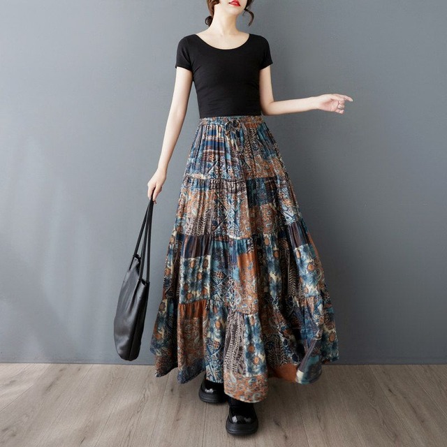 ART PRINT ELASTIC WAIST FLOWY MAXI SKIRT M-17790