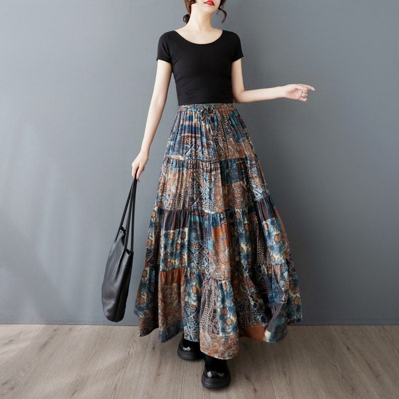 ART PRINT ELASTIC WAIST FLOWY MAXI SKIRT M-17790