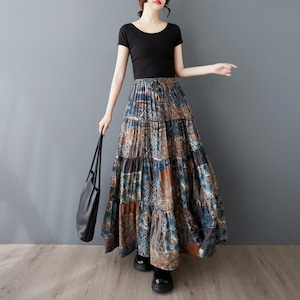 ART PRINT ELASTIC WAIST FLOWY MAXI SKIRT M-17790