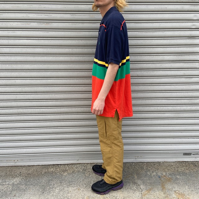 90s Ralph Lauren マルチボーダー柄半袖ポロシャツ　ポニー　XL