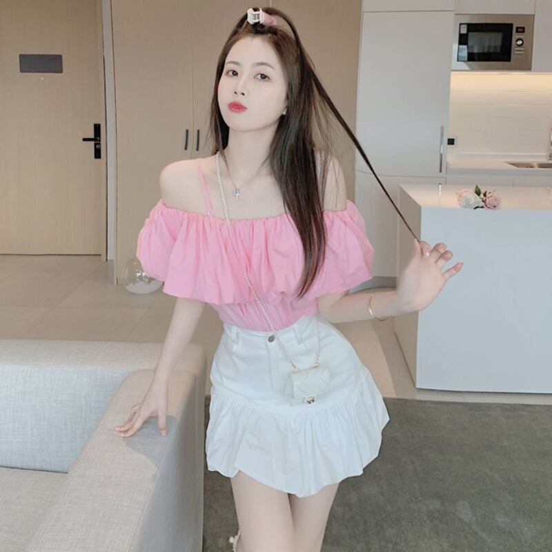 レディースサマートップス ハイウェストウェストショートスカート 大人ガーリー スウィート キュート カジュアル 夏物 オフショルダー ハンチェンe19213994486