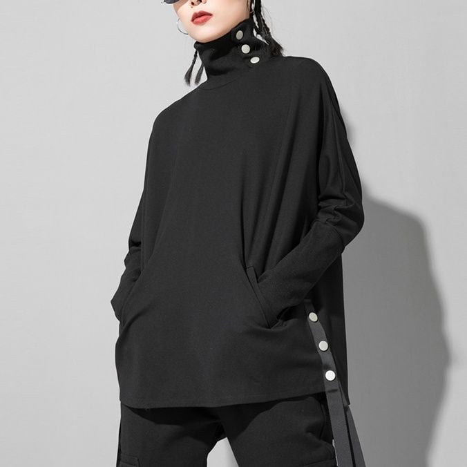 ASYMMETRIC HIGH NECK LONG SLEEVE TIE DETAIL TOP M-18198