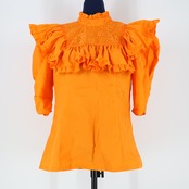 【美品 ハワイ製 フラダンス衣装】オレンジ Pukalani Fashion トップス ブラウス フリル レース 華やか 鮮やか アロハ 可愛い