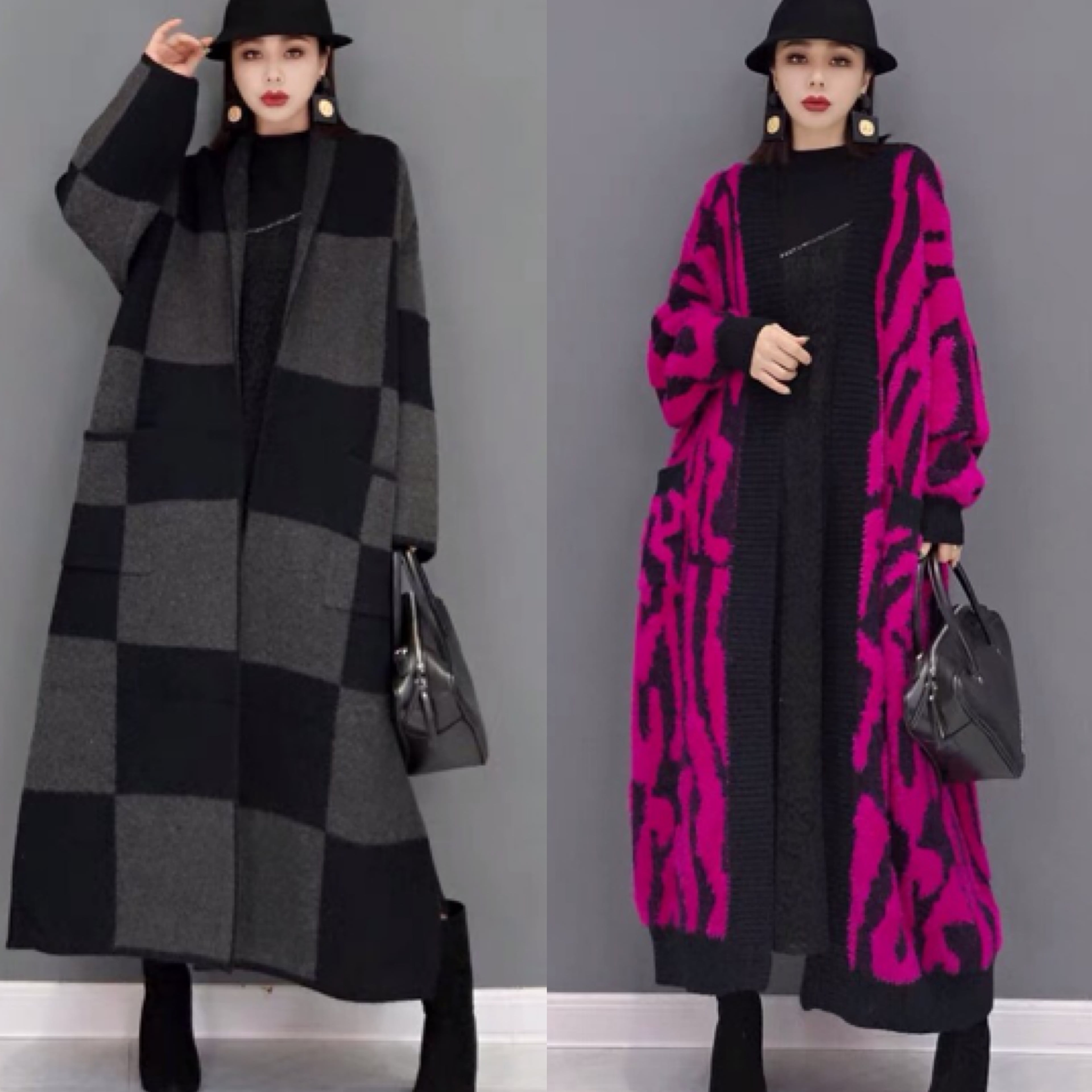 2カラー 】ピンク グレー ワンピース 青 モヘア チェック レオパード