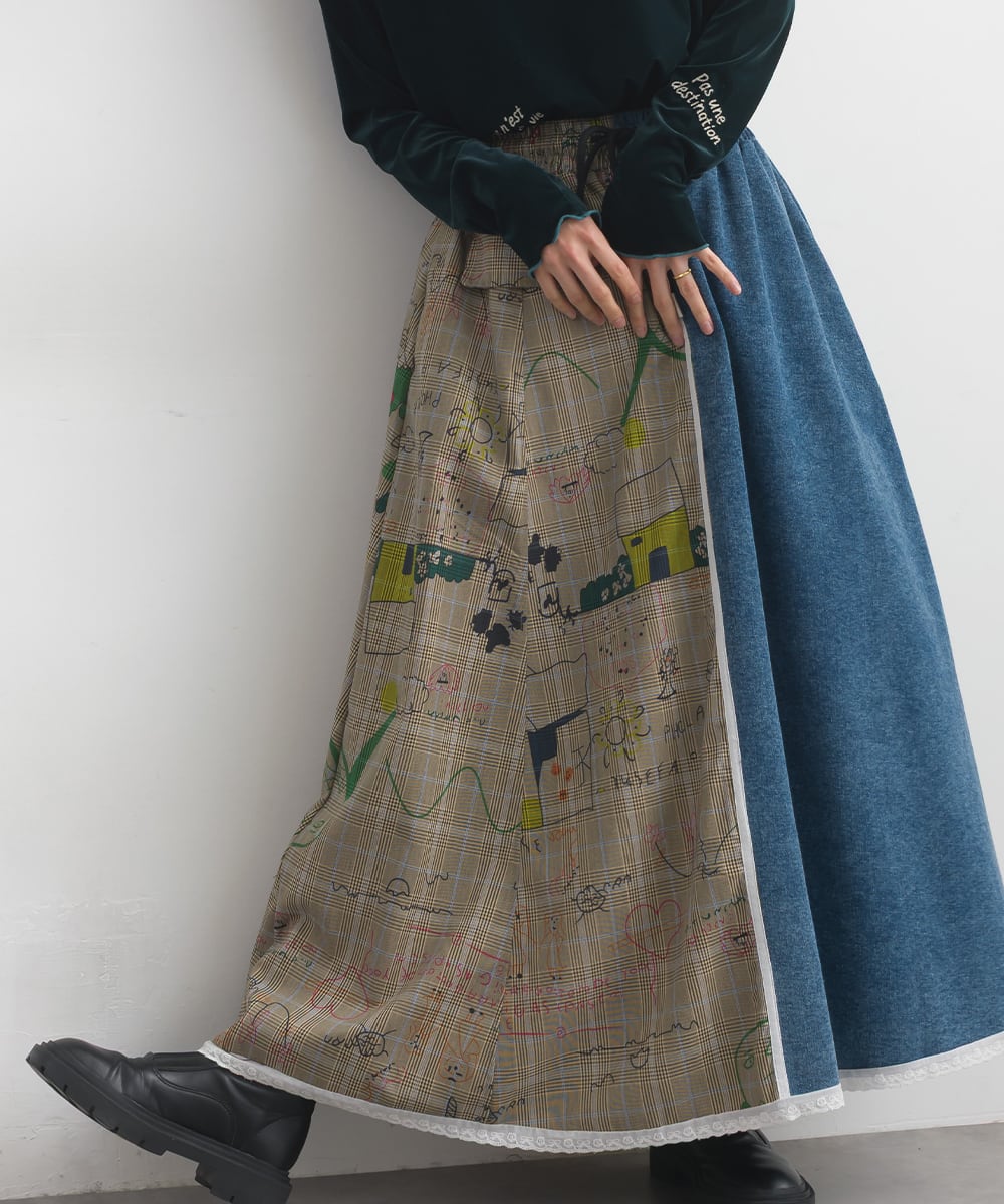 D261141 柄チェック切替デニムスカート / Denim Skirt with Printed