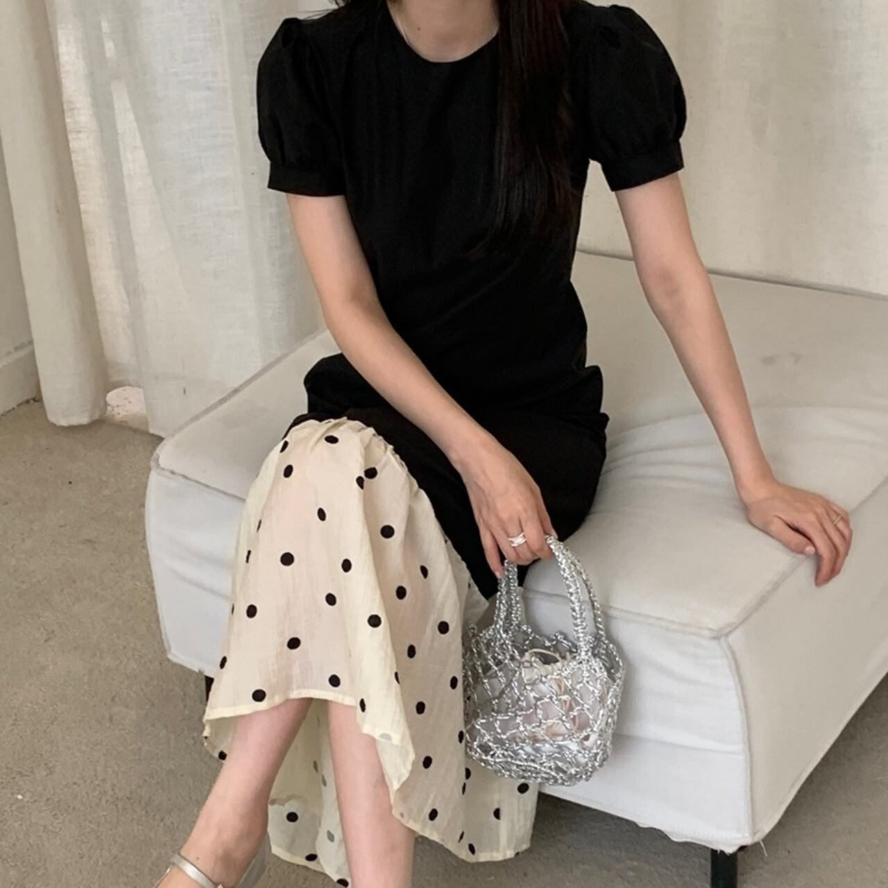 ラウンドネック ドット切替マーメイドワンピース A4272