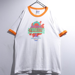 90s White x Orange Print Design Ringer T-Shirt