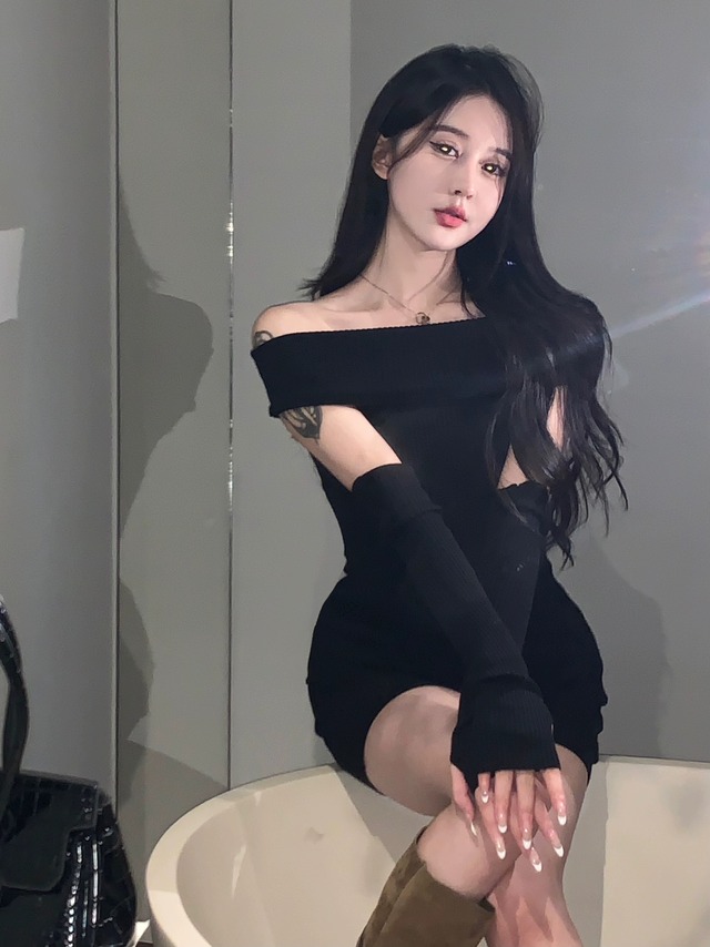 ワンショルダー暖かいニットタイトドレスセクシーなリトルブラックドレスの女性の秋の摩耗ハイウエストヒップショートスカート ハイウェスト オータム 秋物 ガールズファッション5592991651