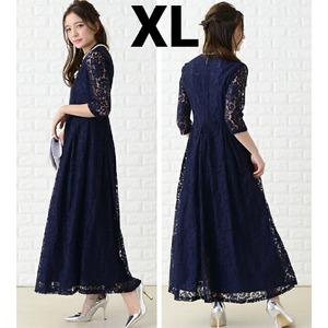 ★送料無料★13号(XL)☆総レ－スミモレ丈フレア－ワンピ－ス(OPN2084)