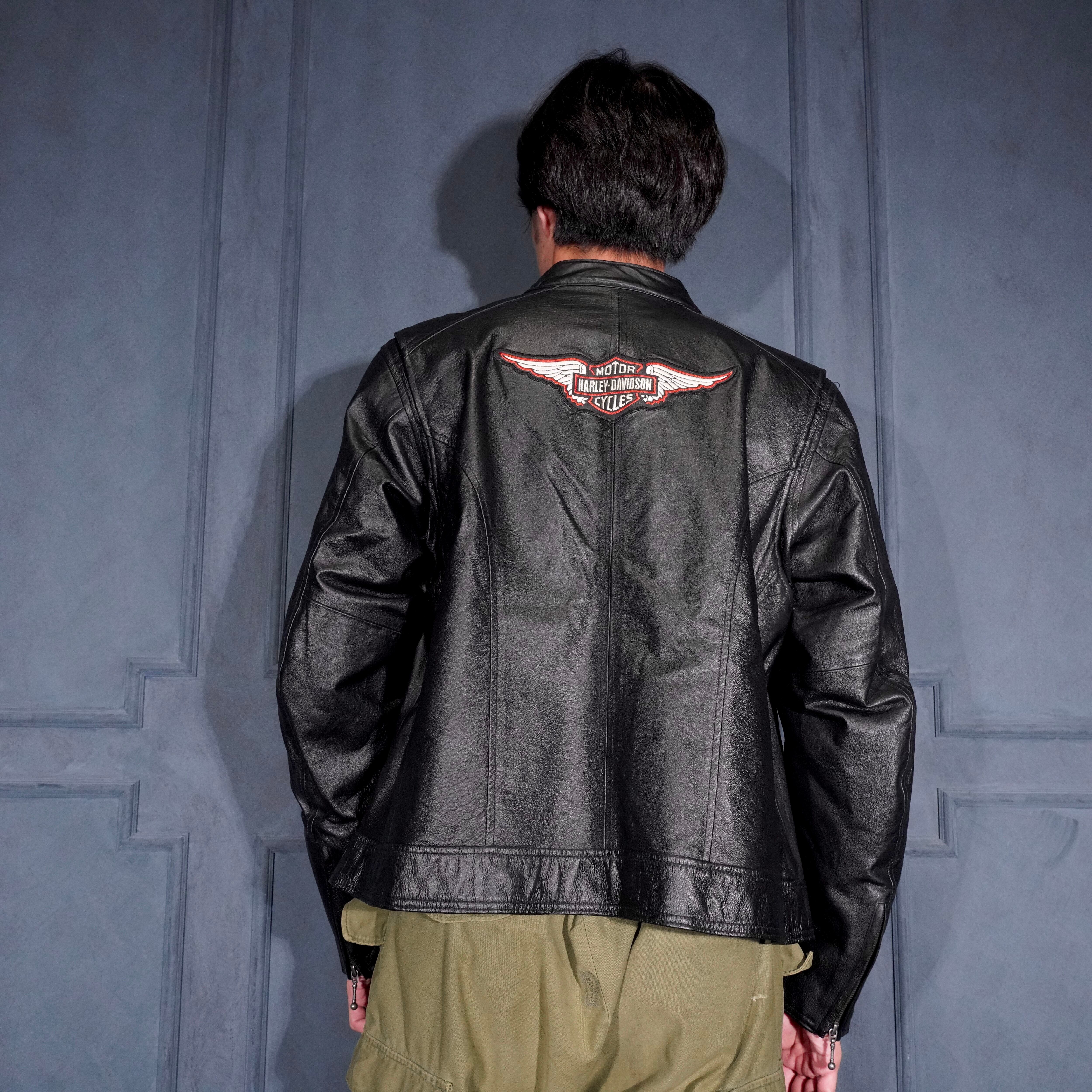 USA VINTAGE HARLEY DAVIDSON LOGO EMBROIDERY DESIGN ZIP UP LEATHER