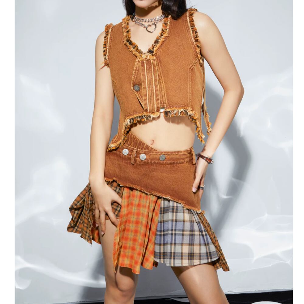 Plaid & denim mini skirt E7131