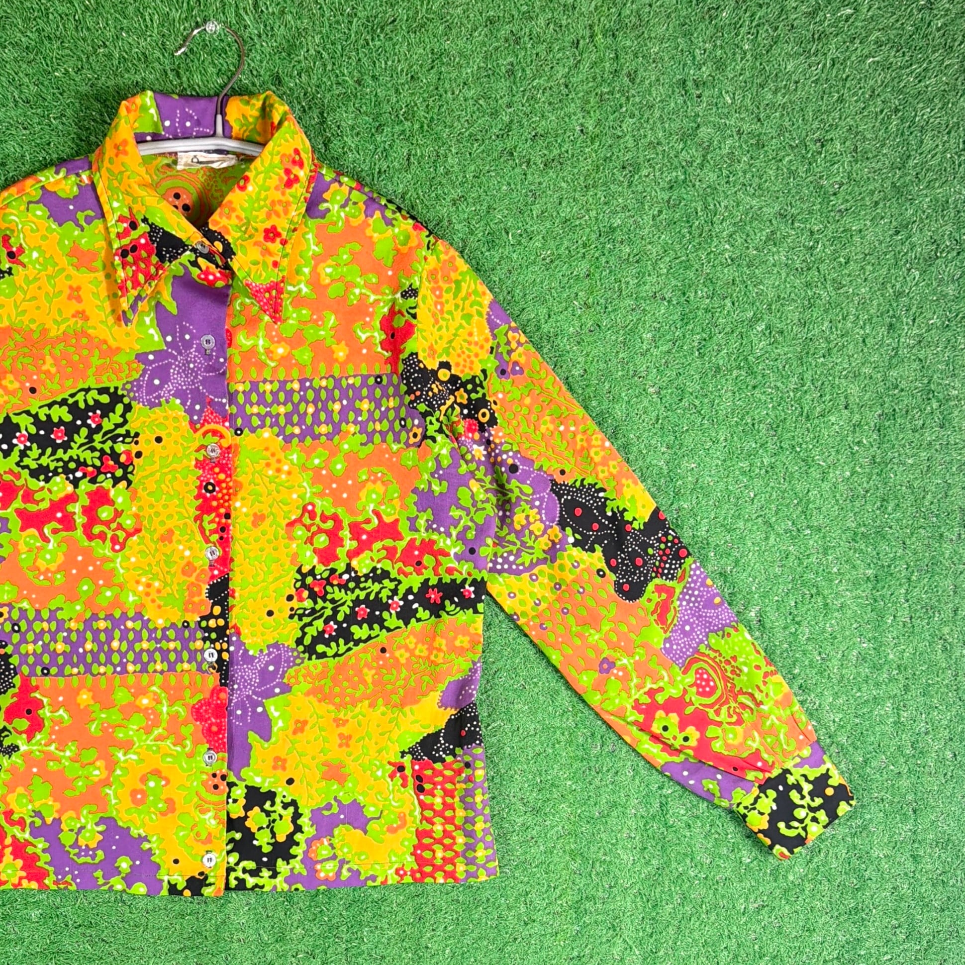 Lady's】 70s アート柄 長袖 シャツ / 70年代 古着 総柄 レディース