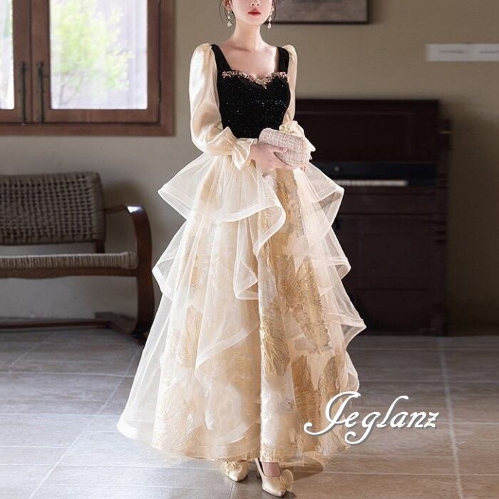 パーティ イブニングドレス 長袖 レイヤード チュール ビジュー(MB673)ζ☆