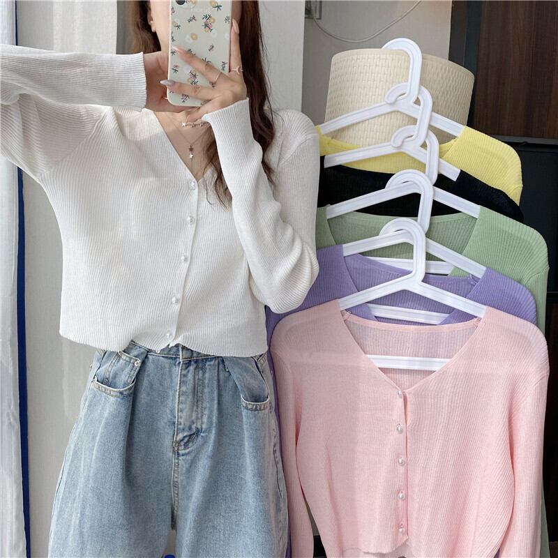 ホワイトニットカーディガンサマー薄手スタイルブラウス Vネックルーズトップス 夏物 1号婦人37493609695