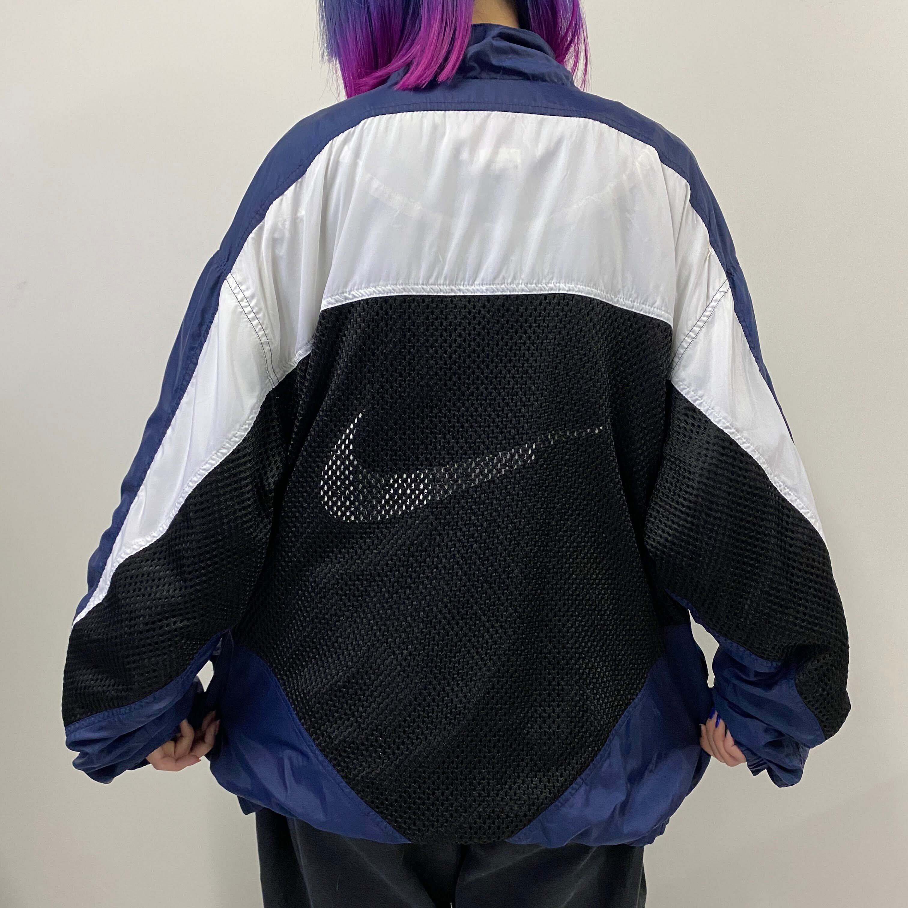 00s Nike ナイロンジャケット 刺繍ロゴ 紺 2XL A449 メッシュ 90年代〜00年代 NIKE ナイキ ス バックロゴ 刺? メッシュ切替 ナイロン