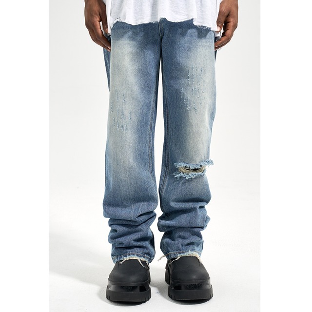 【DRIP2115】D/B Asymmetrical Damaged Hole Denim