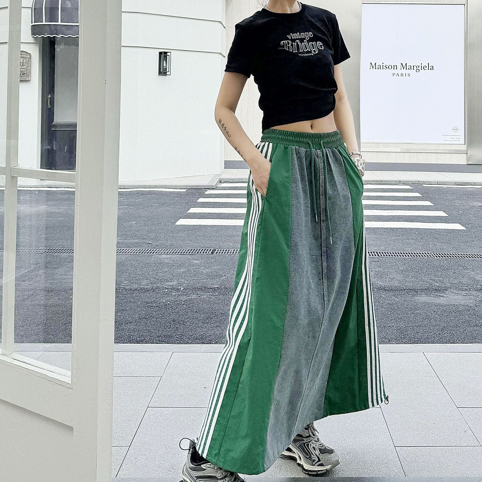 DENIM STITCH SIDE LINED A-LINE LONG CASUAL SKIRT 3colors M-9358