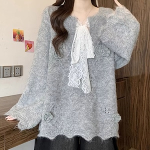 2色/クロシェフラワーレースリボンニットトップス ・72930 2色/クロシェフラワーレースリボンニットトップス ・72930