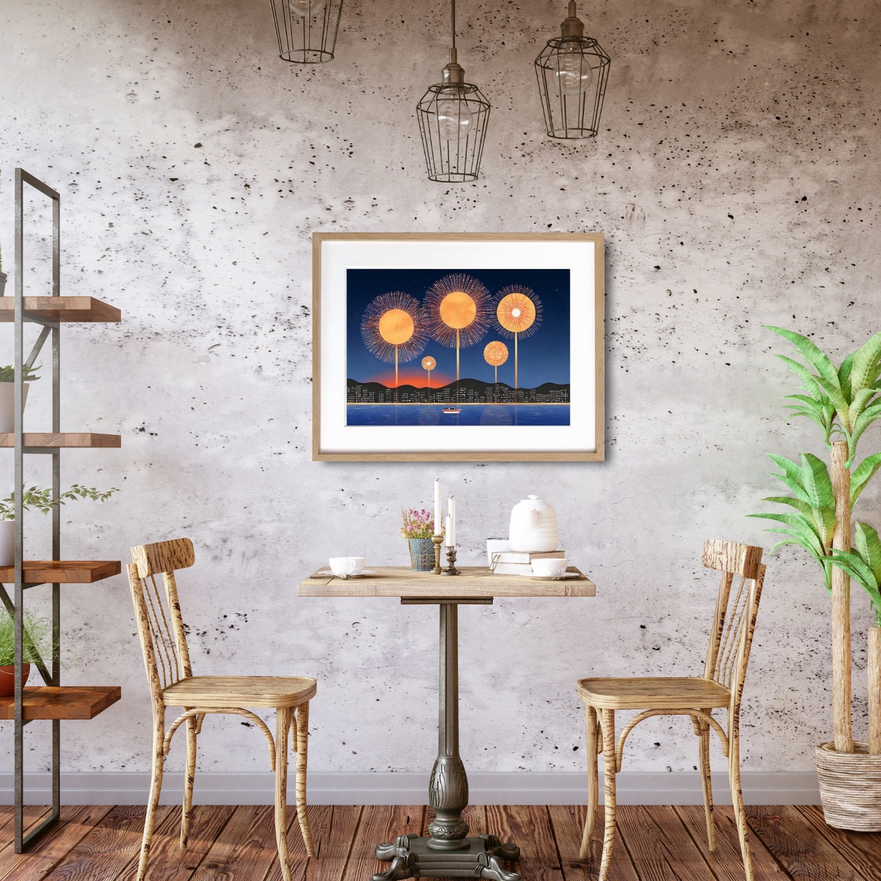 夜空のオーブ・シンフォニー｜金色の球体花火が輝く夜景アートポスター｜幻想的な光と都市のシルエットが彩る一枚｜A2ポスター