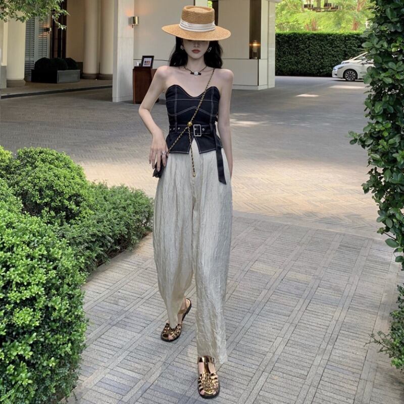 サマーショートトップス ハイウェストウェストルーズ薄手パンツ 夏物 YY-ファッション73306123213