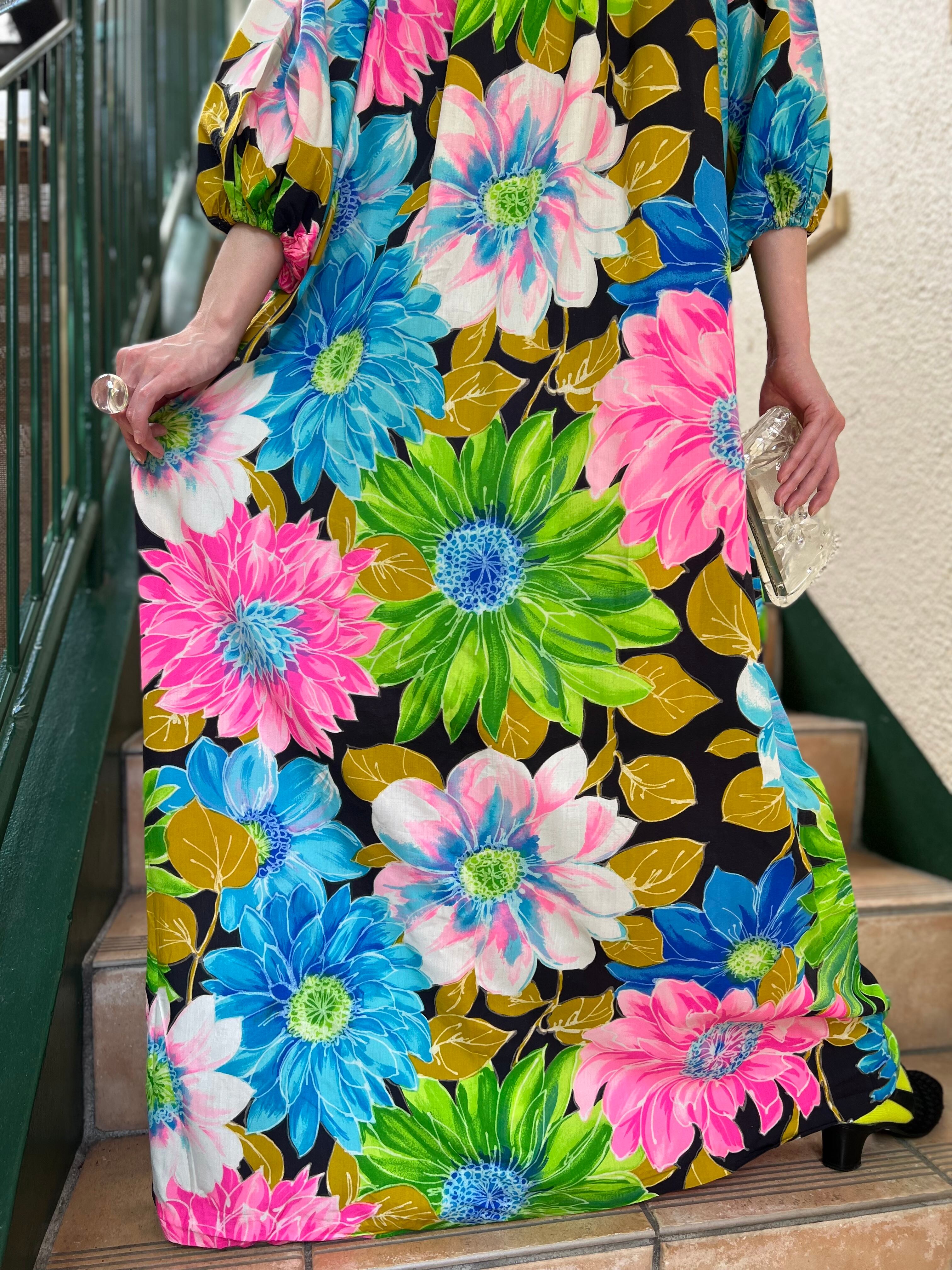 70s hawaiian floral cotton maxi dress ( ヴィンテージ ハワイアン 花 ...