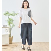 TRUBEスモールフィッシュアップリケ切替デザインバレルテーパードデニムパンツ【M~L】ネイビー