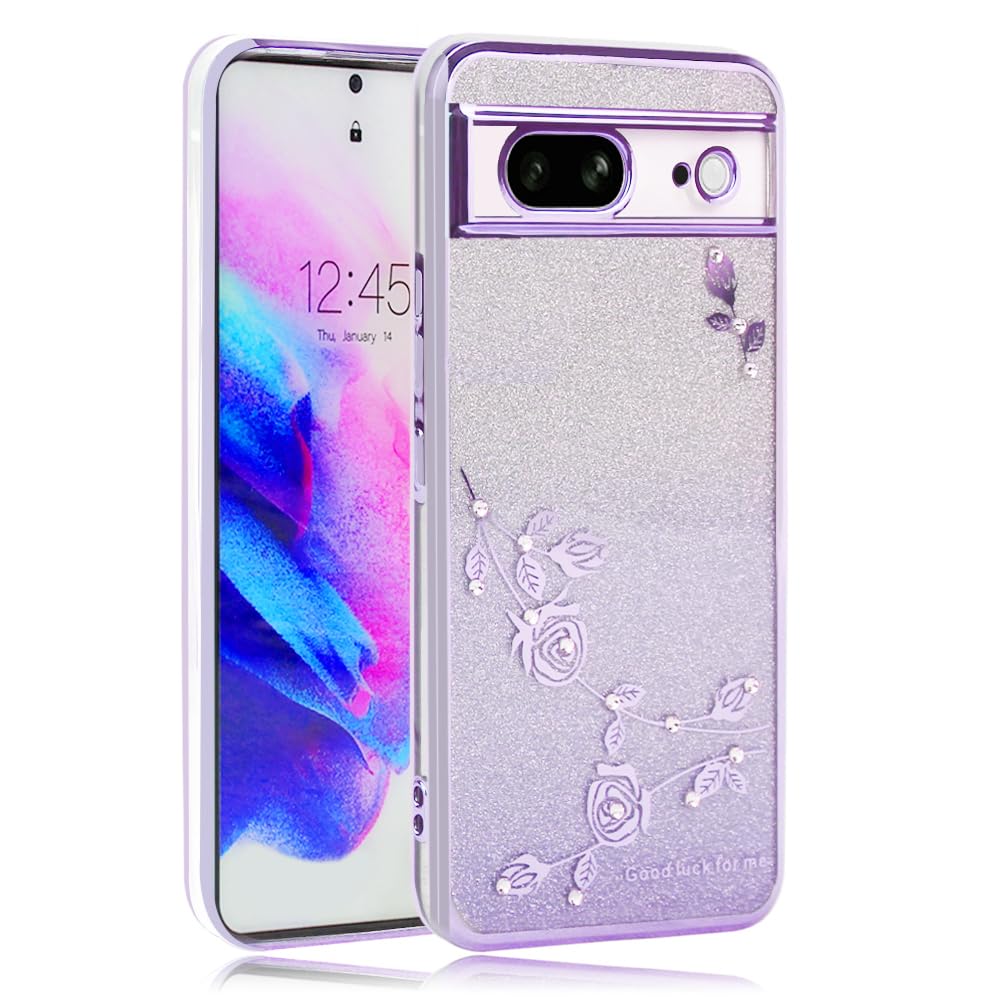 JOOBOY スマホケース 対応 Google Pixel8 ケース クリア キラキラ メッキ加工 花柄 ソフトケース TPU 薄型 おしゃれ かわいい 衝撃吸収 ブランド グーグル ピクセル 8 カバー(Google Pixel 8, キラキラ-パープル)