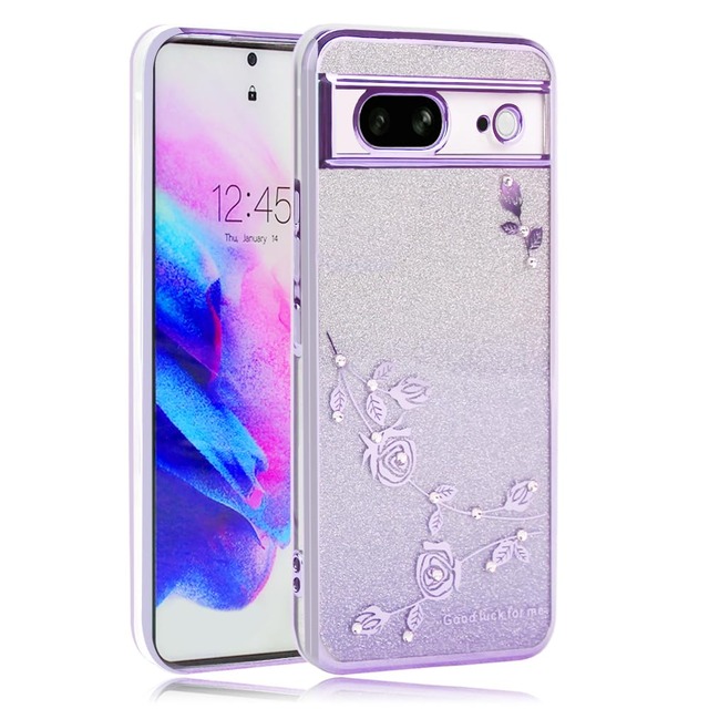JOOBOY スマホケース 対応 Google Pixel8 ケース クリア キラキラ メッキ加工 花柄 ソフトケース TPU 薄型 おしゃれ かわいい 衝撃吸収 ブランド グーグル ピクセル 8 カバー(Google Pixel 8, キラキラ-パープル)