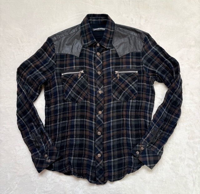 CHROME HEARTS クロムハーツ ダガーZip クロスレザーパッチ 長袖 ネルシャツ チェックシャツ