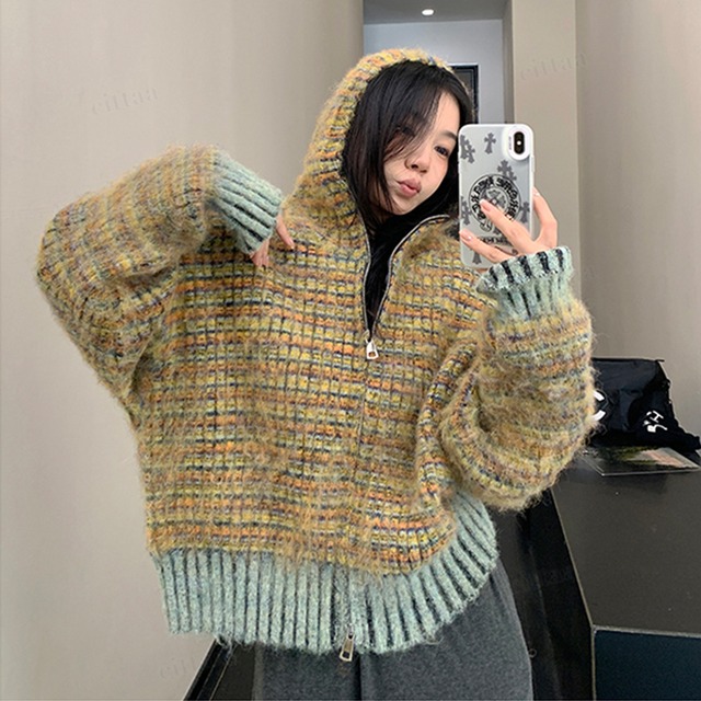 ★予約★D-694　2025秋新作♡MIXカラーダブルジップニットパーカー