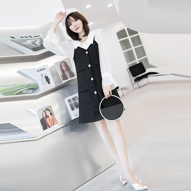 プラスサイズの女性の秋の太った姉妹ルーズスリムスカートウエスタンスタイルのツーピースシャツサスペンダードレストレンディ ミックスインファッション12428570867