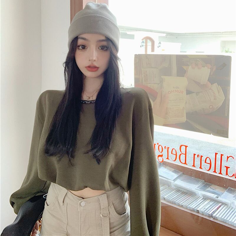 ウエストショートイントレンドルーズ長袖セーターレディース2020秋ニューチェーンデザインセンスニッチトップ ブラックストロベリース92051425381