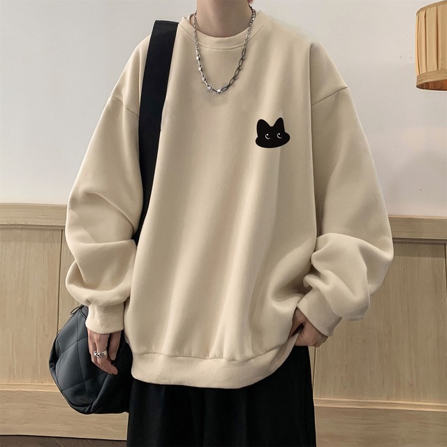 【COOLUシリーズ】★トップス★ 4color スウェット Tシャツ 男女兼用 メンズ 猫 ネコ ねこ 黒 白 灰